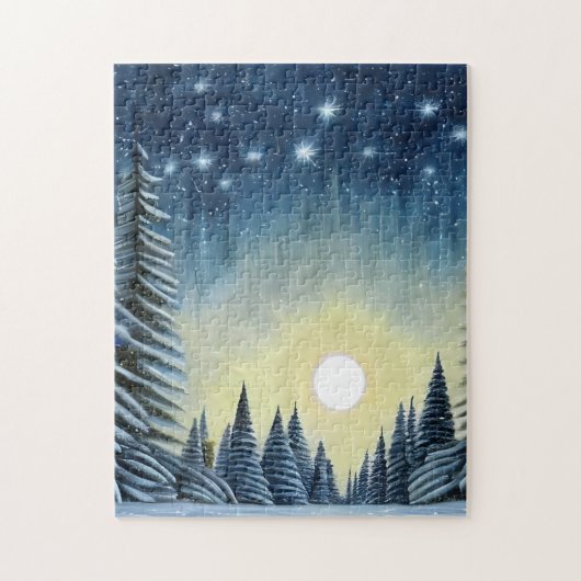 Puzzle Paysage De Neige À feuillage persistant Lune Sous (Vertical)