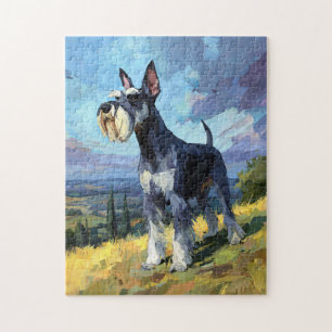 Puzzle Paysage ensoleillé de campagne avec un Schnauzer -