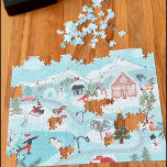 Puzzle Paysage hivernal illustration du village de Noël<br><div class="desc">Paysage hivernal Illustration de village de Noël avec de jolies illustrations hivernales représentant un bonhomme de neige, une maison en pain d'épice, un renard, un lapin, d'autres animaux et des gens patinage sur glace, près d'un feu, s'amusant avec un arbre de Noël, des cadeaux et des forêts, avec des tons...</div>