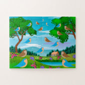 Puzzle Paysage Maison Arbres Oiseaux Fleurs Nature, Âge 4 (Horizontal)
