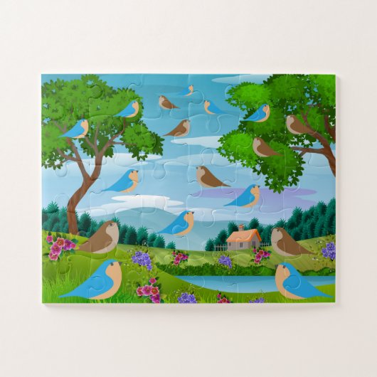 Puzzle Paysage Maison Arbres Oiseaux Fleurs Nature, Âge 4 (Horizontal)