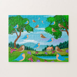 Puzzle Paysage Maison Arbres Oiseaux Fleurs Nature, Âge 8