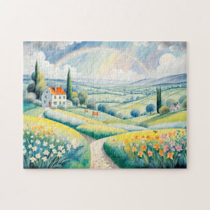 Puzzle Paysage printanier avec arc-en-ciel sur les collin