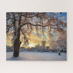 Puzzle Paysage rural d'hiver au coucher du soleil