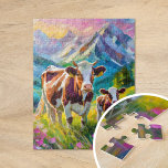 Puzzle Paysage rural dynamique avec vaches<br><div class="desc">Une peinture impressionniste moderne et chaleureuse d'une vache-mère et de son veau dans un paisible pâturage rural de montagne, a donné vie avec des couleurs vives et vives et d'épais coups de pinceau abstraits. Les traits dynamiques capturent le lien paisible entre les animaux, tandis que les riches teintes de vert,...</div>