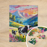 Puzzle Paysage rural dynamique avec vaches<br><div class="desc">Une peinture impressionniste moderne et chaleureuse d'une vache-mère et de son veau dans un paisible pâturage rural de montagne, a donné vie avec des couleurs vives et vives et d'épais coups de pinceau abstraits. Les traits dynamiques capturent le lien paisible entre les animaux, tandis que les riches teintes de vert,...</div>