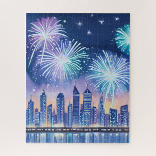 Puzzle Paysage urbain de feu d'artifice Aquarelle numér