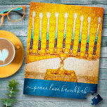 Puzzle "Peace Love Hanoukka" Artsy Yellow & Gold Menorah<br><div class="desc">"Paix, amour, Hanoukka." Une photo de fond d'une menorah d'art colorée, jaune et or vous permet d'inaugurer les vacances d'Hanoukka dans le style. Sentez la chaleur et la joie de la saison des Fêtes chaque fois que vous utilisez ce superbe puzzle Hanoukka coloré. Cartes de correspondance, enveloppes, autocollants, coussins, sacs...</div>