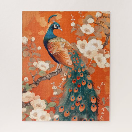Puzzle Peacock Art Nouveau sur Orange Floral (Vertical)