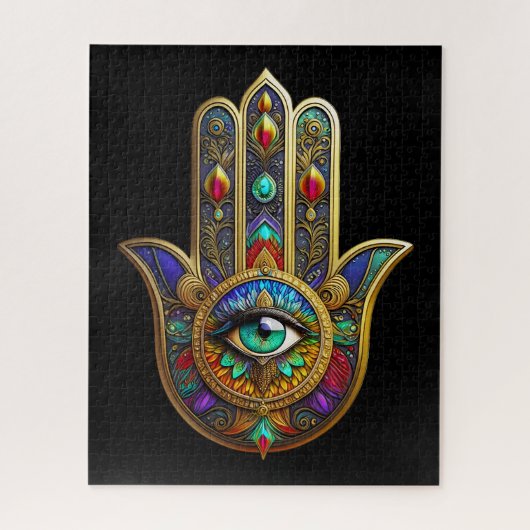 Puzzle Peacock Color Flower Petals Hamsa Green Third Eye (Vertical)