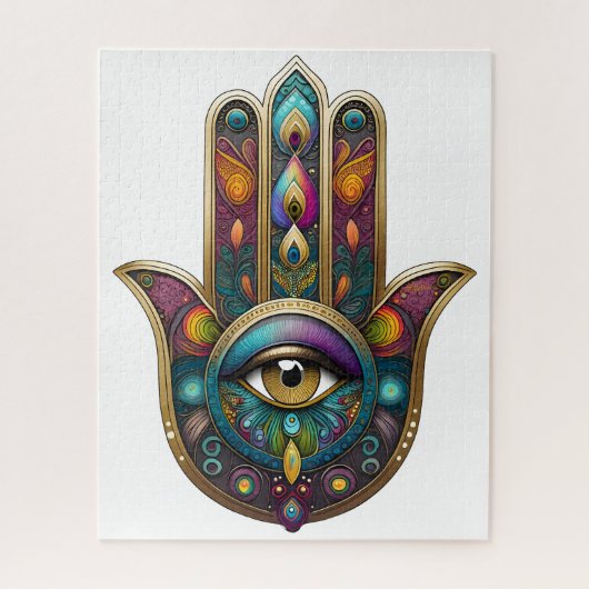 Puzzle Peacock Colors Hamsa w/ Gold Third Eye (Vertical)