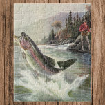 Puzzle Pêche vintage à la truite arc-en-ciel, Pêche des p<br><div class="desc">Illustration vintage design sportif mettant en vedette un pêcheur pêchant dans une rivière. Une truite arc-en-ciel éclate et saute hors de l'eau.</div>