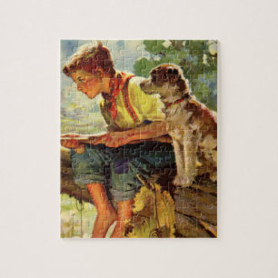 Puzzle Pêche Vintage, Garçon avec son chiot et vers
