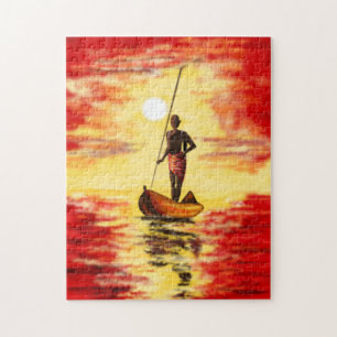 Puzzle Pêcheur Sur Le Bateau Au Coucher Du Soleil Peintur