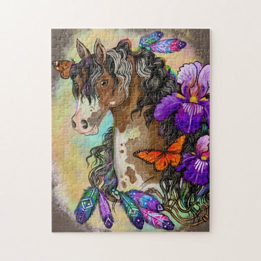 Puzzle Peindre Cheval Mustang avec Iris et papillons (Vertical)