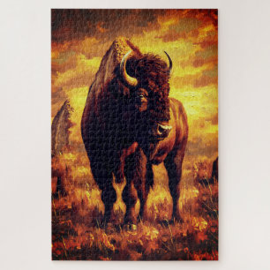 Puzzle Peinture à l'huile de bison majestueux – Coucher d