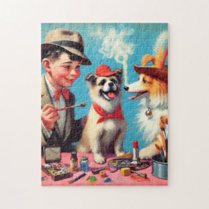 Puzzle Peinture à l'huile rétro Chiens heureux