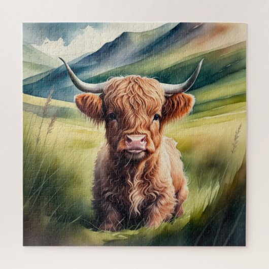 Puzzle Peinture aquarelle Bébé Highland Cow assise (Vertical)