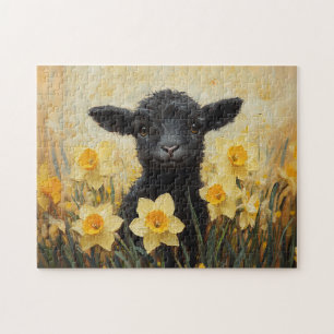 Puzzle Peinture d'agneau noir et de jonquilles jaune