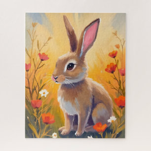 Puzzle Peinture d'animal de lapin brun floral de champ