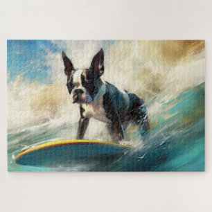 Puzzle Peinture de Boston Terrier faisant du surf sur la 