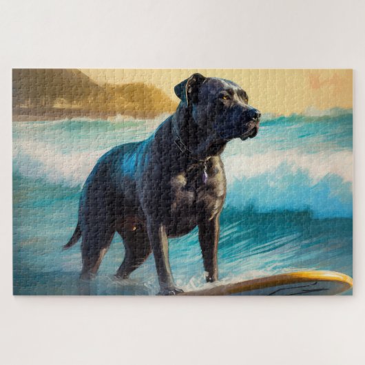 Puzzle Peinture de Cane Corso faisant du surf sur la plag (Horizontal)