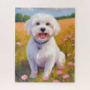 Puzzle Peinture de champ de fleurs de chien maltais