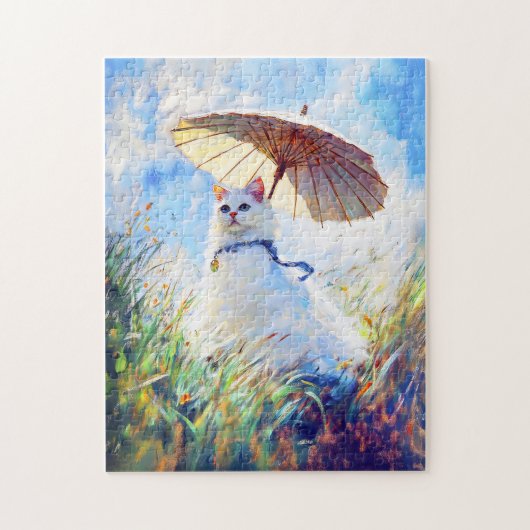Puzzle Peinture de chat blanc avec parasol dans le champ  (Vertical)