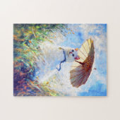 Puzzle Peinture de chat blanc avec parasol dans un champ (Horizontal)