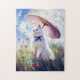 Puzzle Peinture de chat blanc avec parasol dans un champ