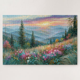 Puzzle Peinture de coucher de soleil sur la montagne aux 