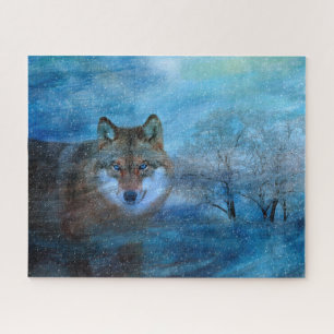 Puzzle Peinture de faune forestière hivernale Loup Bleu