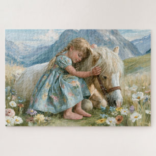 Puzzle Peinture de Fille Poney Montagnes Prairie