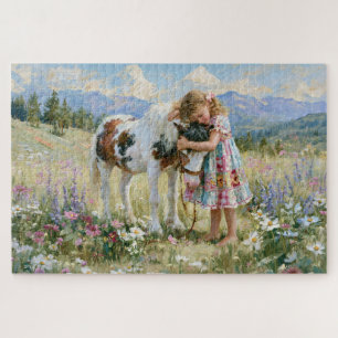 Puzzle Peinture de Fille Poney Montagnes Prairie Fleurs
