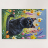 Puzzle Peinture de fleurs de printemps de chats noirs (Horizontal)