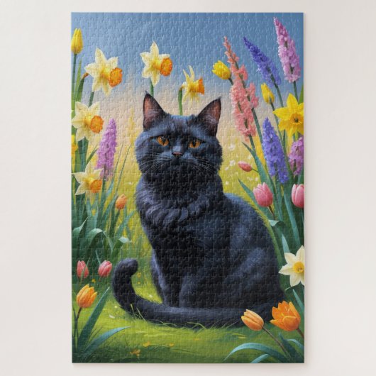 Puzzle Peinture de fleurs de printemps de chats noirs (Vertical)
