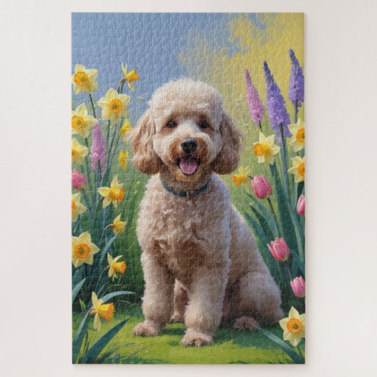 Puzzle Peinture de fleurs de printemps de chien caniche (Vertical)
