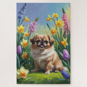 Puzzle Peinture de fleurs de printemps de chien Pékinois