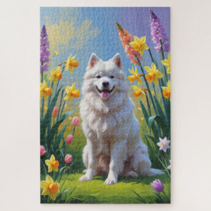 Puzzle Peinture de fleurs de printemps de chien Samoyède