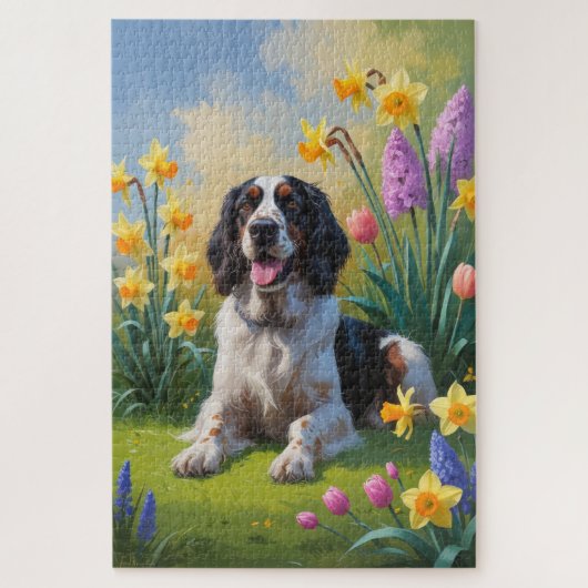 Puzzle Peinture de fleurs de printemps de chien Setter An (Vertical)