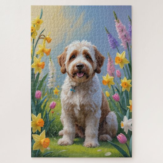 Puzzle Peinture de fleurs printanières Bernedoodle (Vertical)