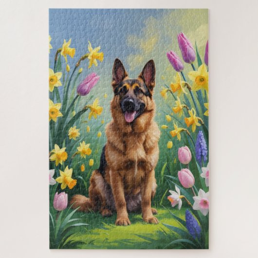 Puzzle Peinture de fleurs printanières de Berger Allemand (Vertical)