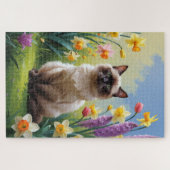 Puzzle Peinture de fleurs printanières de chat siamois (Horizontal)