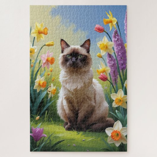 Puzzle Peinture de fleurs printanières de chat siamois (Vertical)