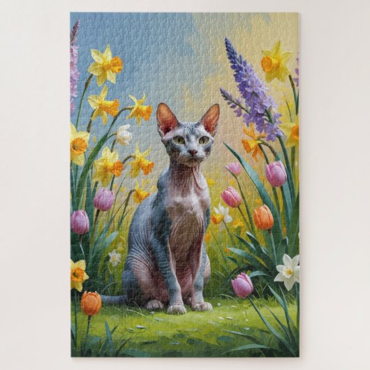 Puzzle Peinture de fleurs printanières de chat Sphynx (Vertical)