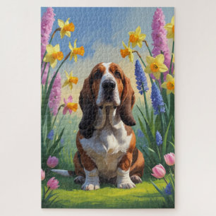 Puzzle Peinture de fleurs printanières de chien Basset Ho