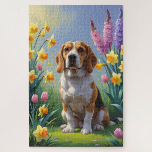 Puzzle Peinture de fleurs printanières de chien Beagle