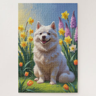 Puzzle Peinture de fleurs printanières de chien esquimau