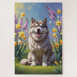 Puzzle Peinture de fleurs printanières de chien Malamute