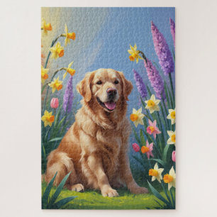 Puzzle Peinture de fleurs printanières de chien Retriever